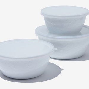 Golden Rabbit Enamelware Bowl Food Storage Container Set w Lid 3 Piece White